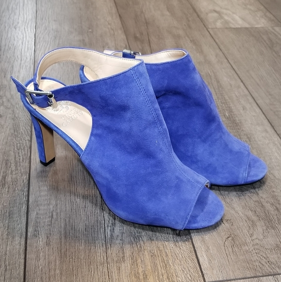 Vince Camuto Blue Suede Ankle Strap Peep Toe Heels - Picture 2 of 8